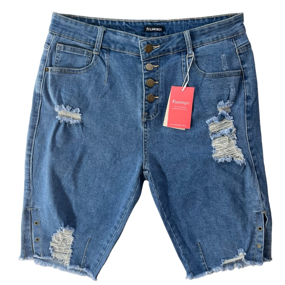 Flamingo Women’s XL Med Wash Denim Rip Button Fly High Waist Bermuda Jean Shorts